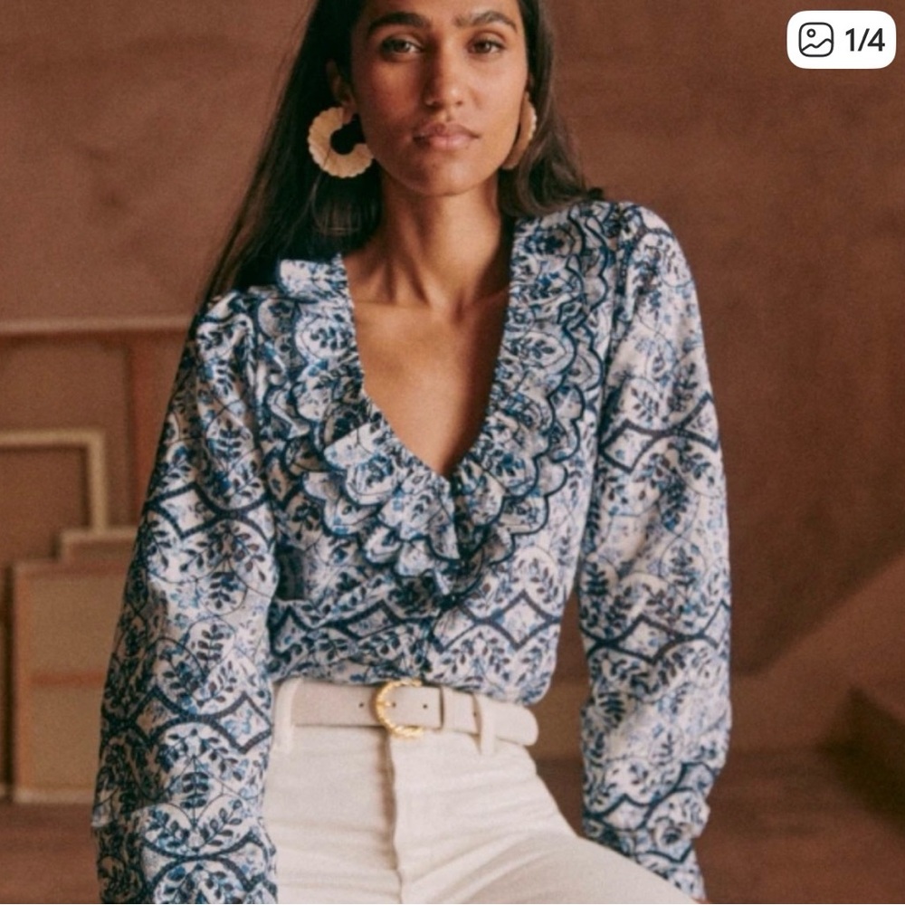 Sezane Blue and White Printed Ruffle V-Neck Blouse